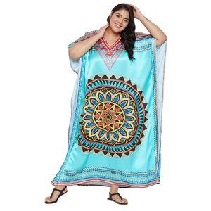 Women Plus Size Turquoise Satin Kaftan Maxi Dress Long Caftan by Gypsie Blu